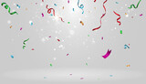 Confetti on a transparent background. Falling colorful confetti. Bright festive tinsel. Festive design elements for web banner, poster, flyer, invitation. Vector