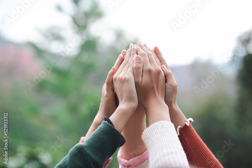  Group of diversity people join hand together, Collaboration Business Team success concept. Teamwork high five as team together hands air greeting power tag team.