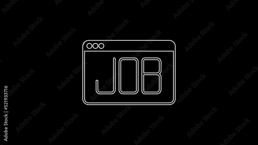 White line Search job icon isolated on black background. Recruitment or selection concept. Human resource and recruitment for business. 4K Video motion graphic animation White line Search job icon isolated on black background. Recruitment or selection concept. Human resource and recruitment for business. 4K Video motion graphic animation