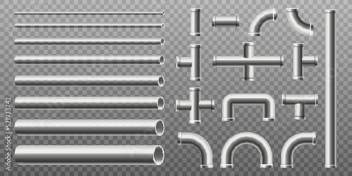 Steel straight, curved pipes collection in realistic vector illustration