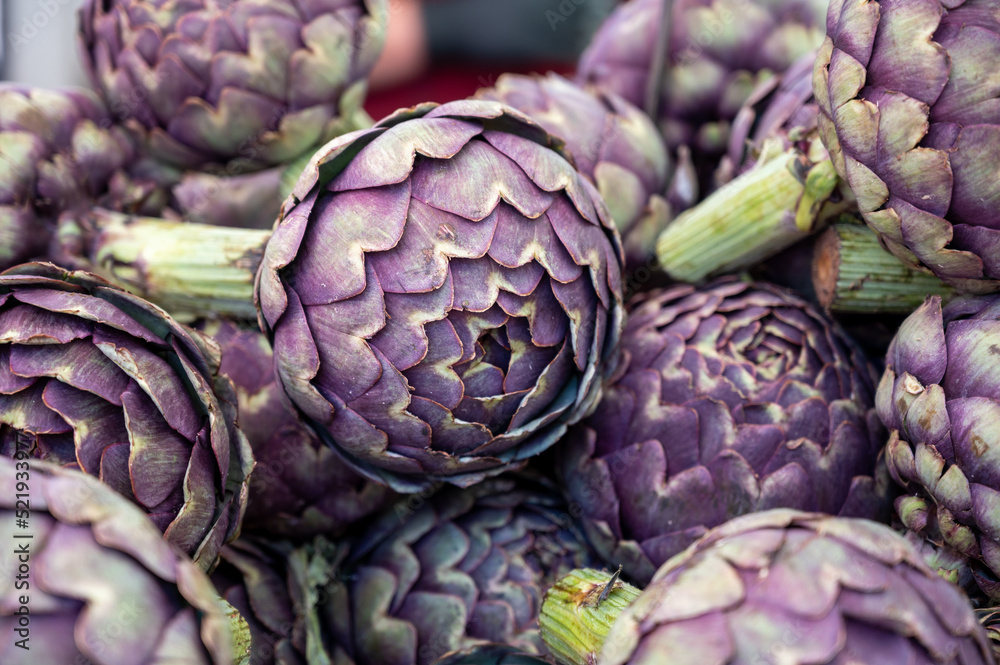 Big purple globe artichokes heads on farmers market in Brittany, France Big purple globe artichokes heads on farmers market in Brittany, France