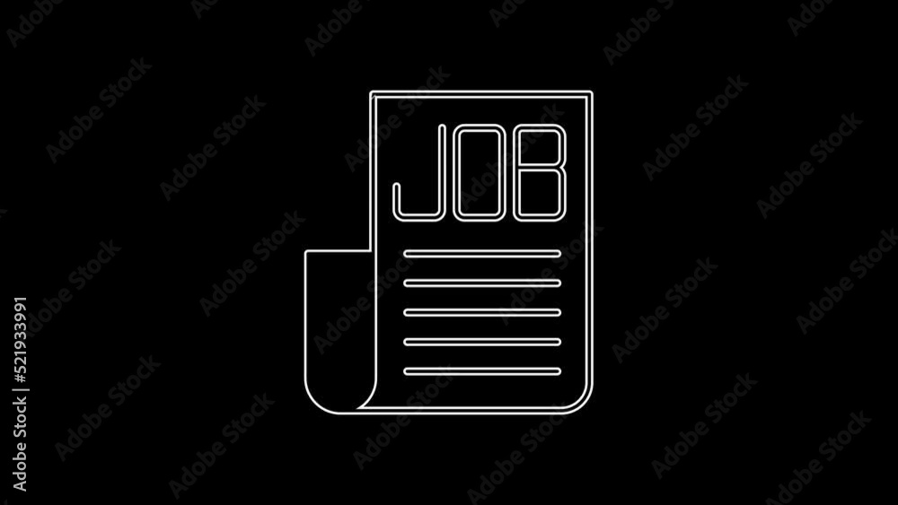 White line Search job icon isolated on black background. Recruitment or selection concept. Human resource and recruitment for business. 4K Video motion graphic animation