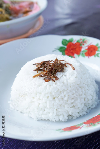 White rice on plate . close up . at warung soto in Indonesia