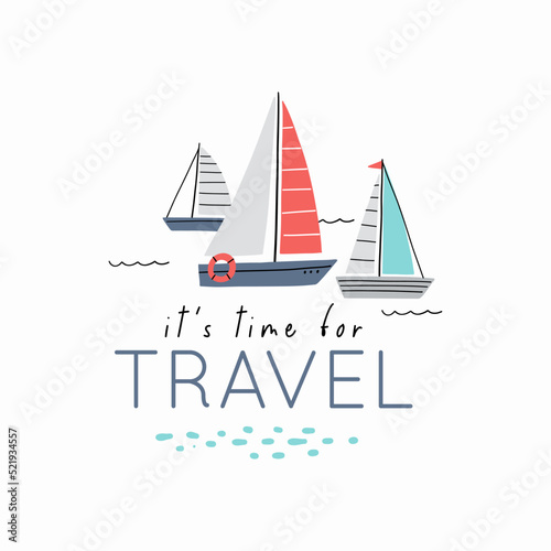 Cute cartoon sea ship, boat, yacht, submarine - vector print for children. Scandinavian baby texture for fabric, textile, wallpaper, kids bedroom design. Nordic Boho kids print