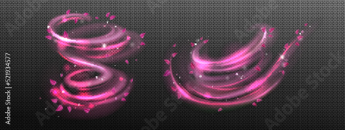Wind swirls with flower pink petals isolated on transparent background. Vector realistic illustration of spiral air vortex with flying blossom petals, magic dust splash