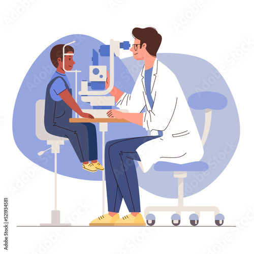 Oculist checks vision of child, doctor in form conducts eye examination procedure. Medical and healthcare concept, ophthalmologists office equipment, slit lamp. Vector flat cartoon illustration.