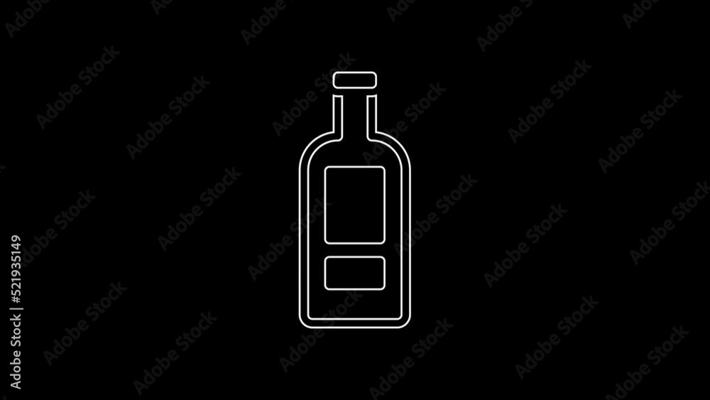 White line Glass bottle of vodka icon isolated on black background. 4K Video motion graphic animation White line Glass bottle of vodka icon isolated on black background. 4K Video motion graphic animation