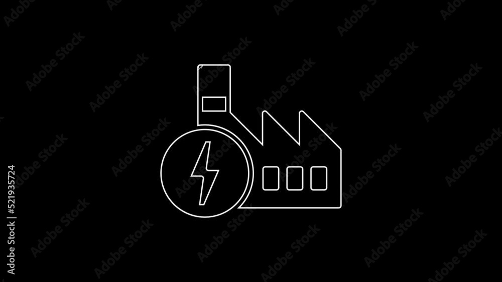 White line Nuclear power plant icon isolated on black background. Energy industrial concept. 4K Video motion graphic animation