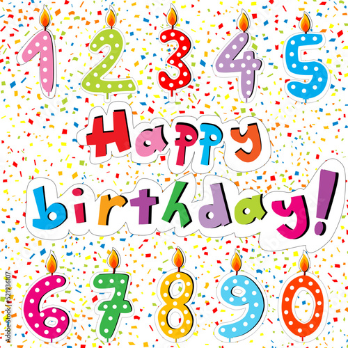 Set of Happy Birthday numbers from candles on white background with colorful confetti