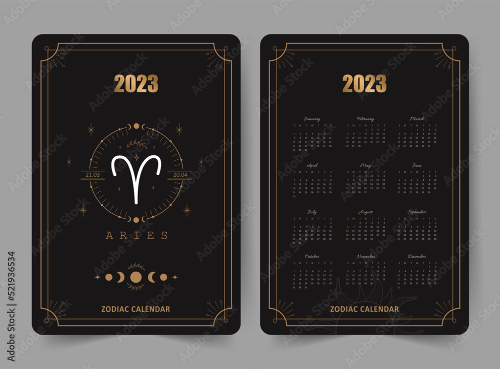 Zodiac aries calendar 2023. Pocket size. Front and back sides. Week ...
