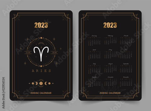 Zodiac aries calendar 2023. Pocket size. Front and back sides. Week starts on sunday. Astrological vector template ready to print. Vertical layout in English with horoscope sign.