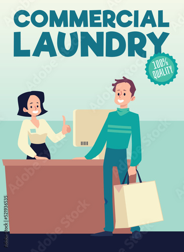 Commercial laundry flyer with client in laundromat, flat vector illustration.
