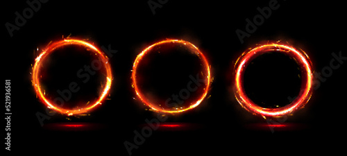 Fire rings, burning circle frames with glow and sparks isolated on black background. Vector realistic set of orange and red flame round traces, abstract circular flashes
