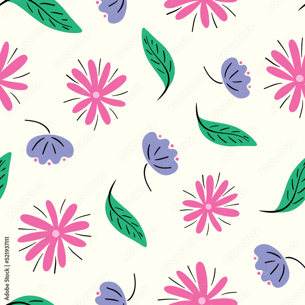Flower pattern background vector border, trendy seamless repeat design banner of hand drawn flowers and leaves. 