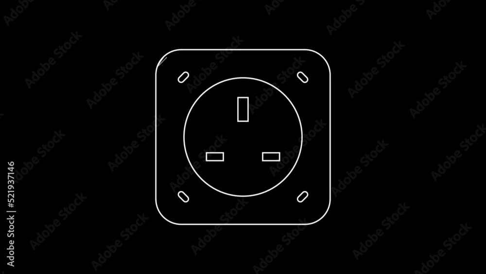White line Electrical outlet icon isolated on black background. Power socket. Rosette symbol. 4K Video motion graphic animation White line Electrical outlet icon isolated on black background. Power socket. Rosette symbol. 4K Video motion graphic animation
