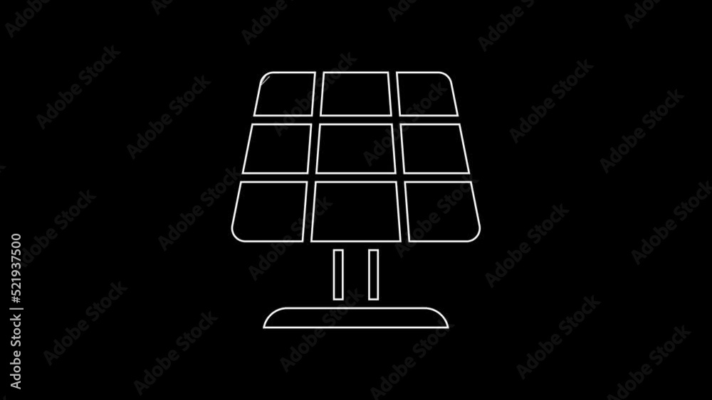 White line Solar energy panel icon isolated on black background. Sun with lightning symbol. 4K Video motion graphic animation