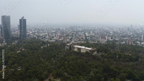 Wallpaper Mural Urban Landscape of Mexico City with Chapultepec Castle on Hill, Aerial Establishing with Copy Space in Foggy Overcast Sky Torontodigital.ca