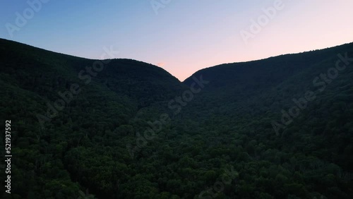 Beautiful drone footage of a beautiful, colorful summer sunset in the Appalachian mountains photo