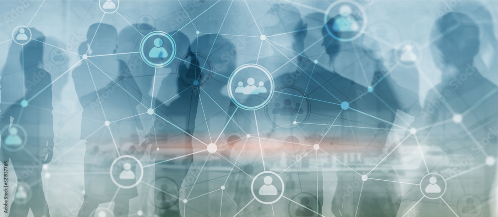 Social media. People relation and organization structure. Business and communication technology concept. Background with silhouettes Social media. People relation and organization structure. Business and communication technology concept. Background with silhouettes