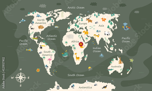 The world map with cartoon animals for kids, nature, discovery and continent name, ocean name. Children's map design for wallpaper, kids room, wall art.. Vector illustration