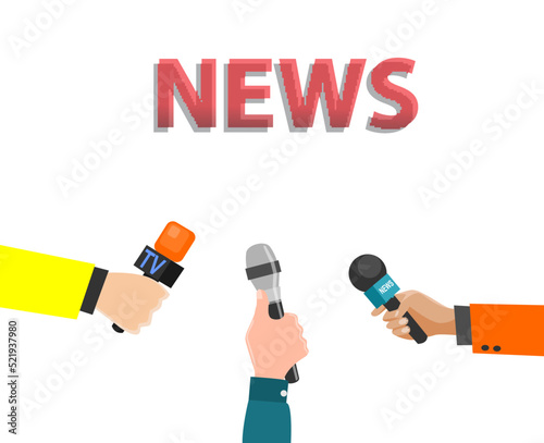 stock vector news conference press media interview 

concept. news microphones tv conference microphone 

hands media reporters broadcasting.

