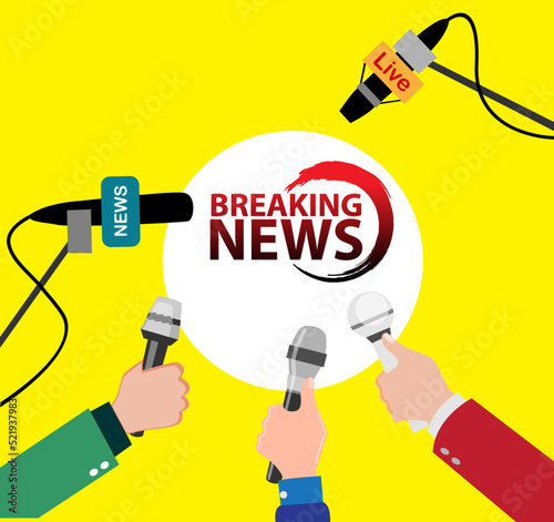 stock vector news conference press media interview 

concept. news microphones tv conference microphone 

hands media reporters broadcasting.

