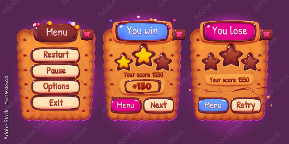 Vecteur Stock Cookie game interface cartoon set. Vector illustration of