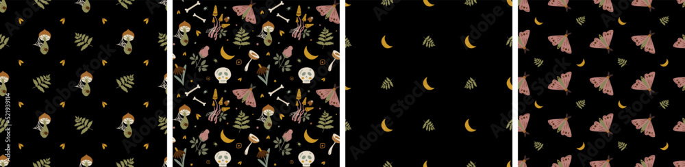 Witchcraft pattern set. Dark horror background with human skull, mushroom, mystical moth, flower, moon seamless print. Witch wallpaper collection. Black botanical spooky Halloween vector illustration. Witchcraft pattern set. Dark horror background with human skull, mushroom, mystical moth, flower, moon seamless print. Witch wallpaper collection. Black botanical spooky Halloween vector illustration.