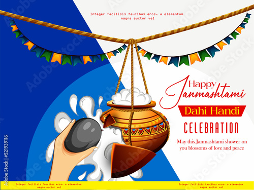 Beautiful Illustration of Dahi Handi, Traditional Poster Design for Hindu Festival festival background of India with text in Hindi meaning Shri Krishan Janmashtami photo