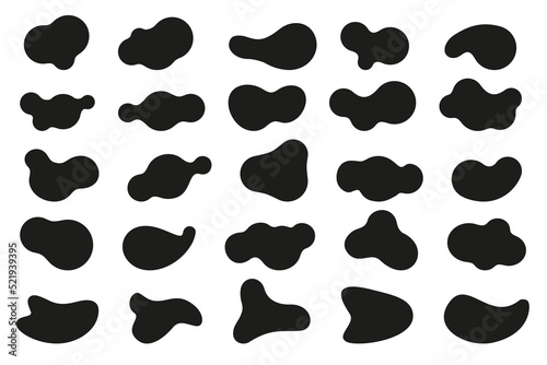 Organic blob shapes set. Amorphous liquid elements. Amoeba irregular fluid designs. Random memphis sponges. Vector.