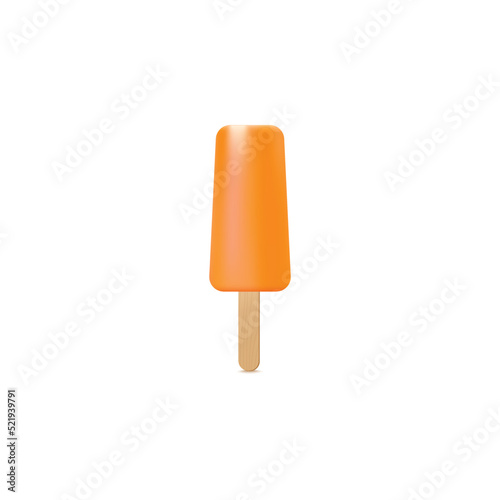 Popsicle on wooden stick, orange ice cream in realistic vector illustration