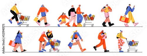 Happy people run to store sale. Vector flat illustration of diverse men and women with shopping carts and bags running for purchases. Concept of black friday sale, discount in shop