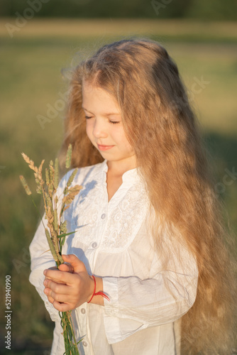 Portrait of a beautiful little girl with blonde hair. The child walks in the field and collects a bouquet. Model appearance in a child