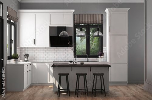 Dining room design with view white classic kitchen and island with chairs. High quality 3d rendering illustration light apartment.