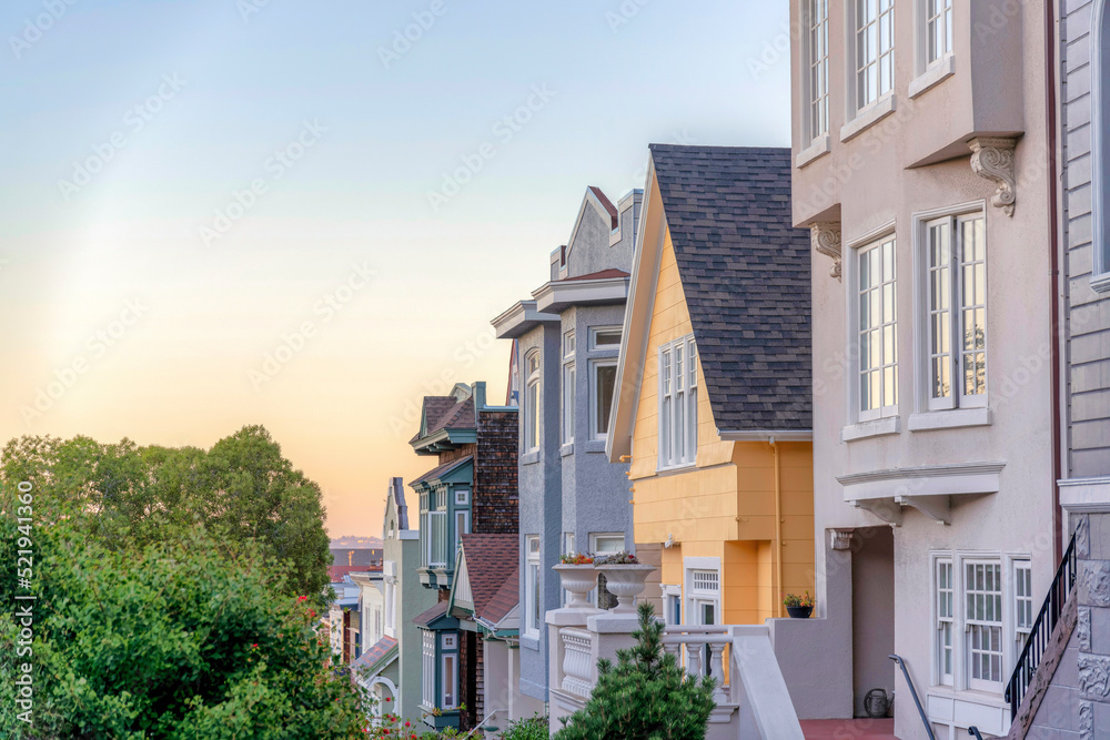 Row of houses and a view of the sunset sky in San Francisco, California