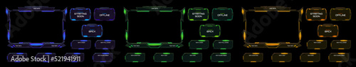 Neon stream overlay, mmo game menu, space ui frame. Streaming screen, gamer username panels and buttons. Template for esport, online live video, digital user interface glow borders, vector set