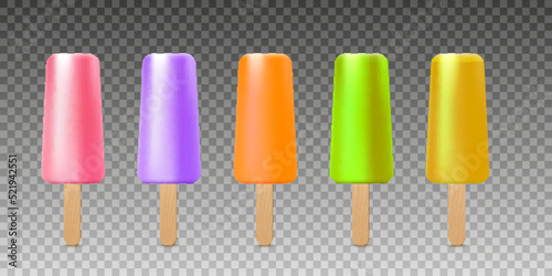 Popsicle on wooden stick, set of different colorful ice creams in vector