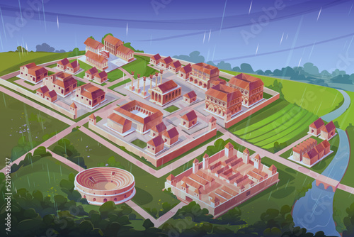 Ancient roman city on river coast in rain. Isometric architecture of old italian town with amphitheater, taberna, square with columns, bridge and castrum. Vector cartoon landscape in rainy weather