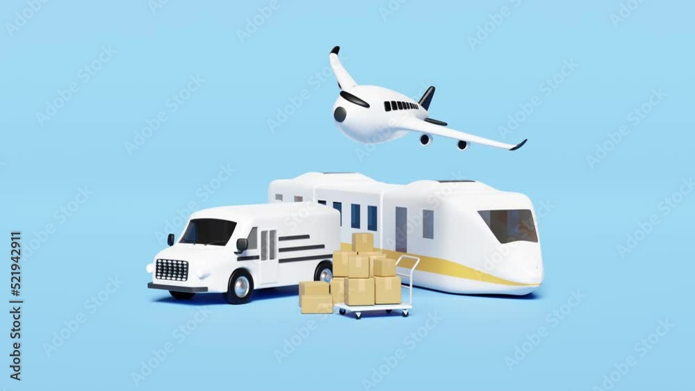 3d worldwide shipping with delivery van, plane, sky train transport isolated on blue background. service, transportation, air cargo trucking, railway shipping, land transport concept, 3d animation 3d worldwide shipping with delivery van, plane, sky train transport isolated on blue background. service, transportation, air cargo trucking, railway shipping, land transport concept, 3d animation