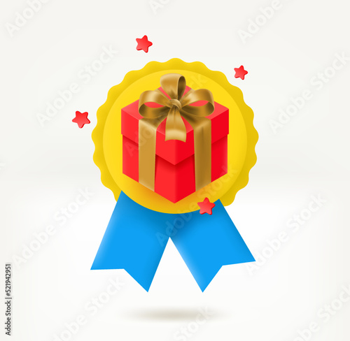 Insignia with gift box. Achievement concept. 3d vector icon