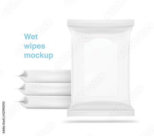 Realistic wet wipes pack mockup with plastic flap. Vector illustration isolated on white background. Can be use for template your design, presentation, promo, ad. EPS10.
