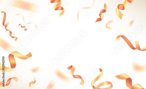 Golden silk ribbons on bright background. Realistic vector illustration with copy space. 3d vector