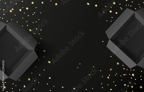 Two gift boxes with golden confetti on black background