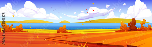 Autumn rural landscape with river, orange agriculture fields, bushes, flying leaves and road. Vector cartoon illustration of country panorama with farmlands and lake in fall