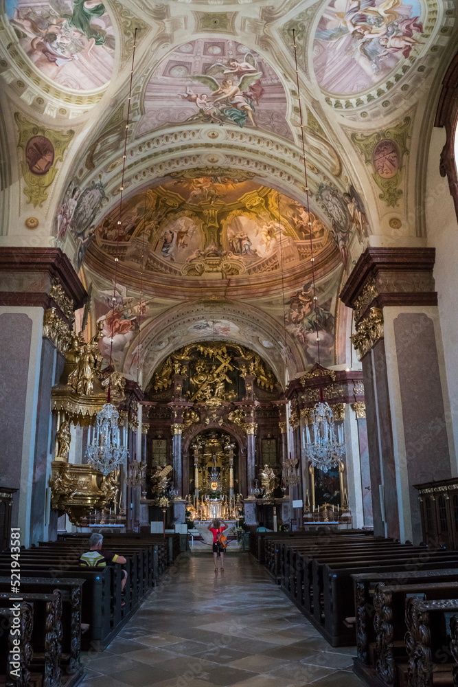 Richly decorated interior of baroque church in Austria