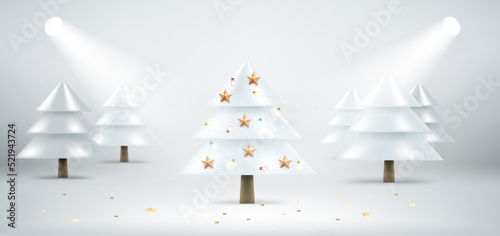 Glowing scene with Christmas tree. 3d vector illustration