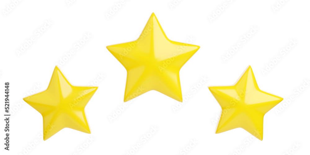 Obraz premium Three yellow stars for customer review concept - 3d render illustration of best product or service that customers have appreciated. Stellar composition for bestseller or positive user rating.