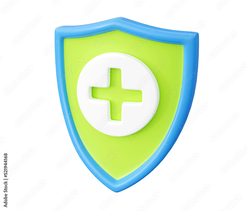 Obraz premium Shield with cross 3d render - medical care and health safety concept with plus sign on shield on transparent background. Insurance, healthcare and immune protection symbol.