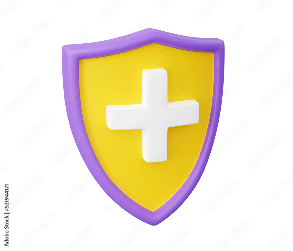 Fototapeta premium Shield with cross 3d render - medical care and health safety concept with plus sign on shield on transparent background. Insurance, healthcare and immune protection symbol.