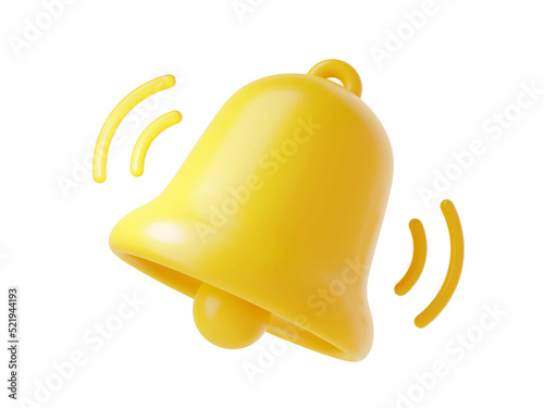 Notification bell icon 3d render - cute cartoon illustration of simple yellow bell for reminder or notice concept. Symbol for attracting attention or to indicate new information and message. photo